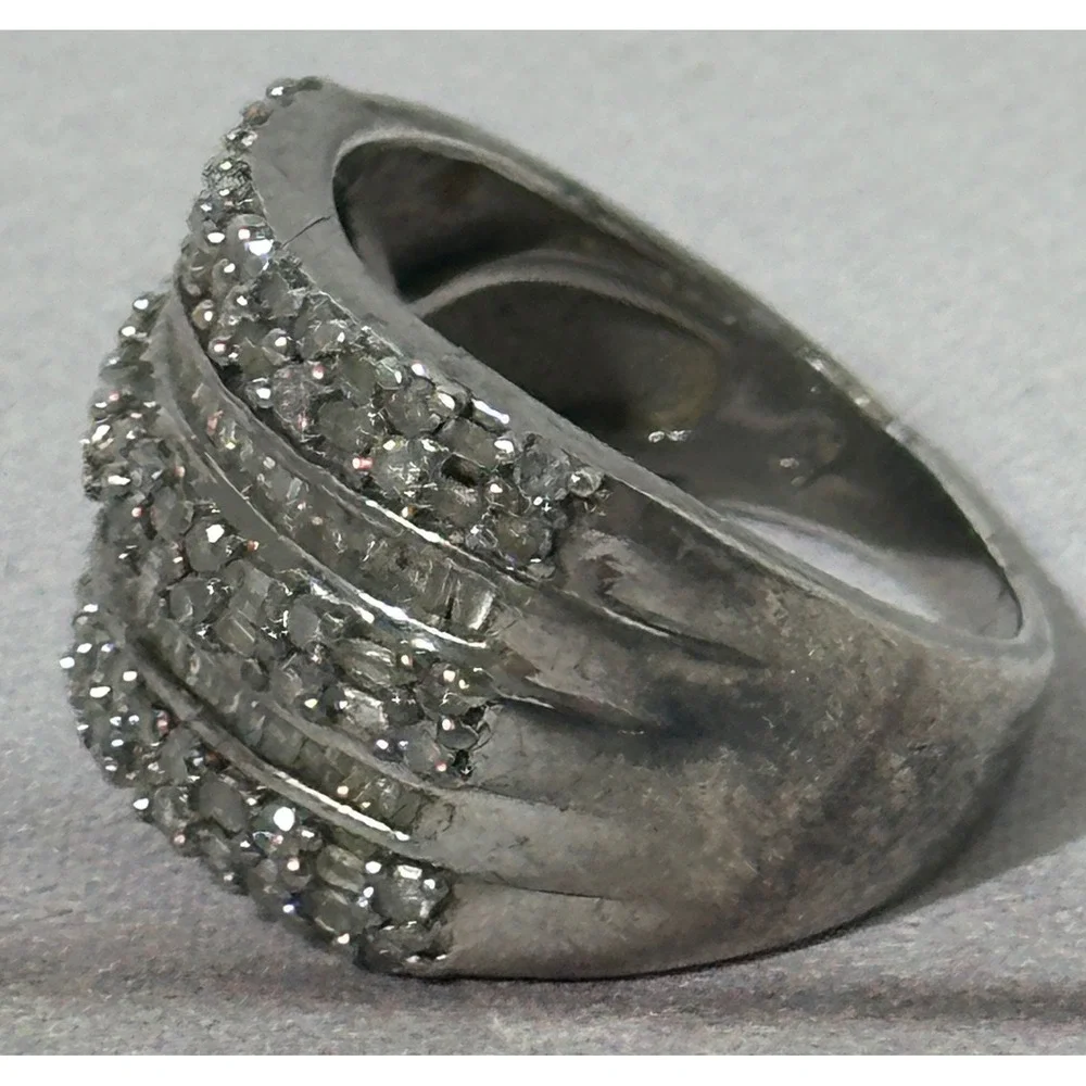 Sterling Silver 925 Multi Row Round Baguette Diamond Ring‎ Size 7